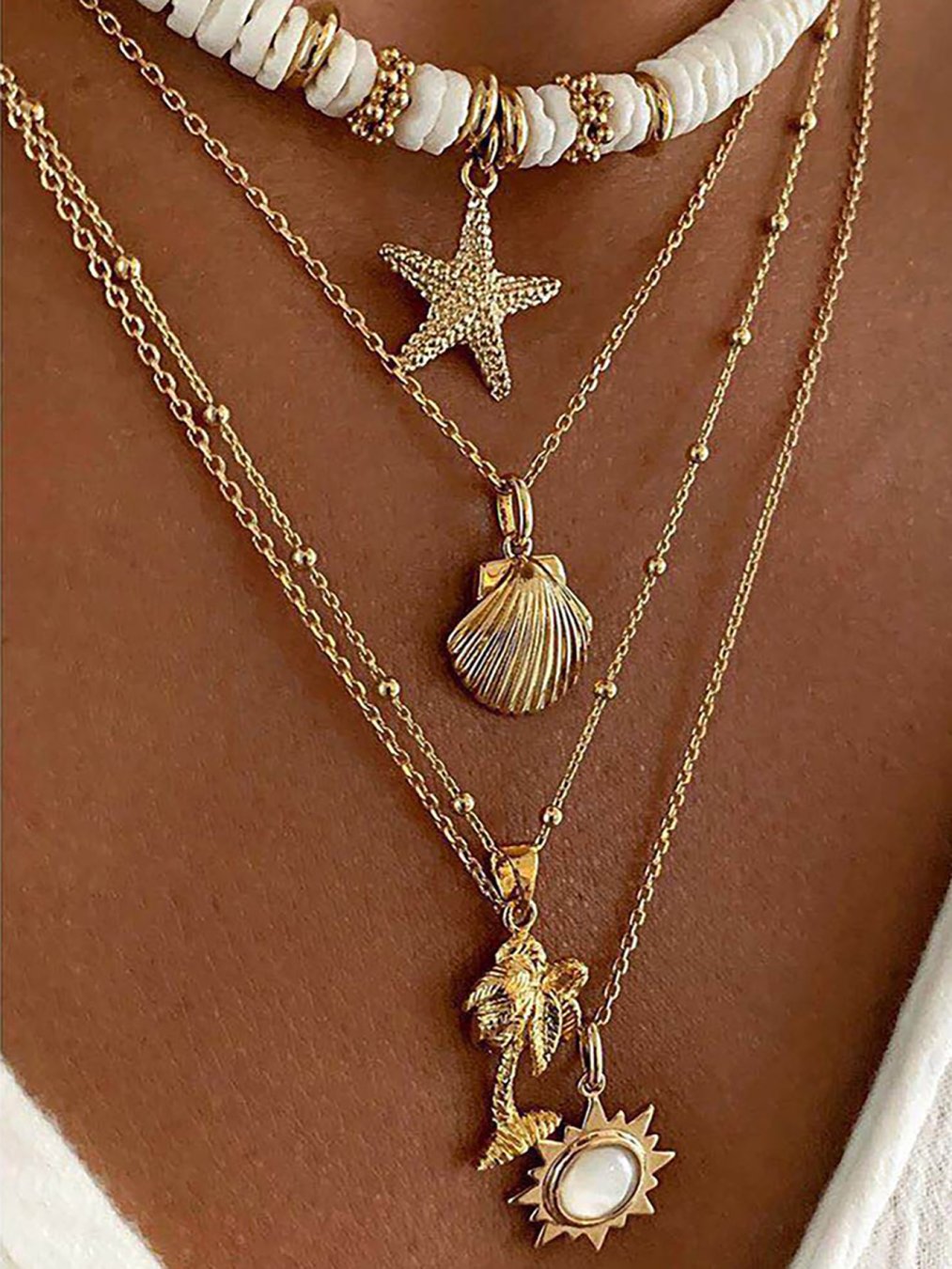 🛒Colar Vintage de Argila Macia com Sol em Camadas, Colar Feminino de Verão para Praia com Pingente de Estrela-do-Mar, Concha e Coqueiro 2025 100+ vendido
