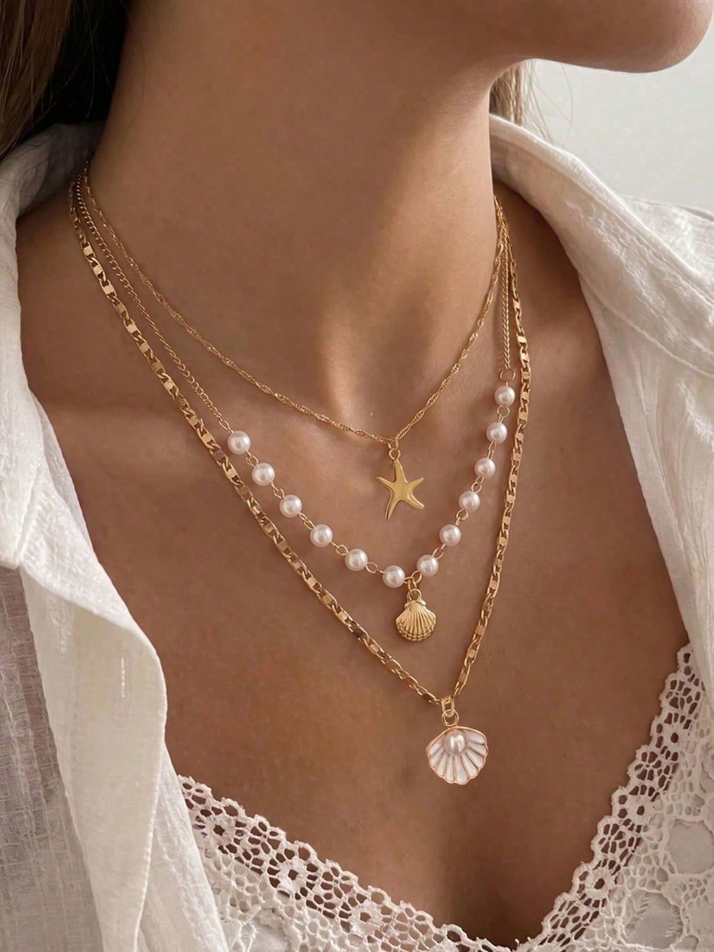 🛒3 Peças Conjunto de Colares Empilháveis de Múltiplas Camadas com Pingente de Concha e Pérola Falsa, Estilo Boêmio de Verão, Adequado para Mulheres em Férias na Praia e Uso Diário, Estilo Costeiro 200+ vendido