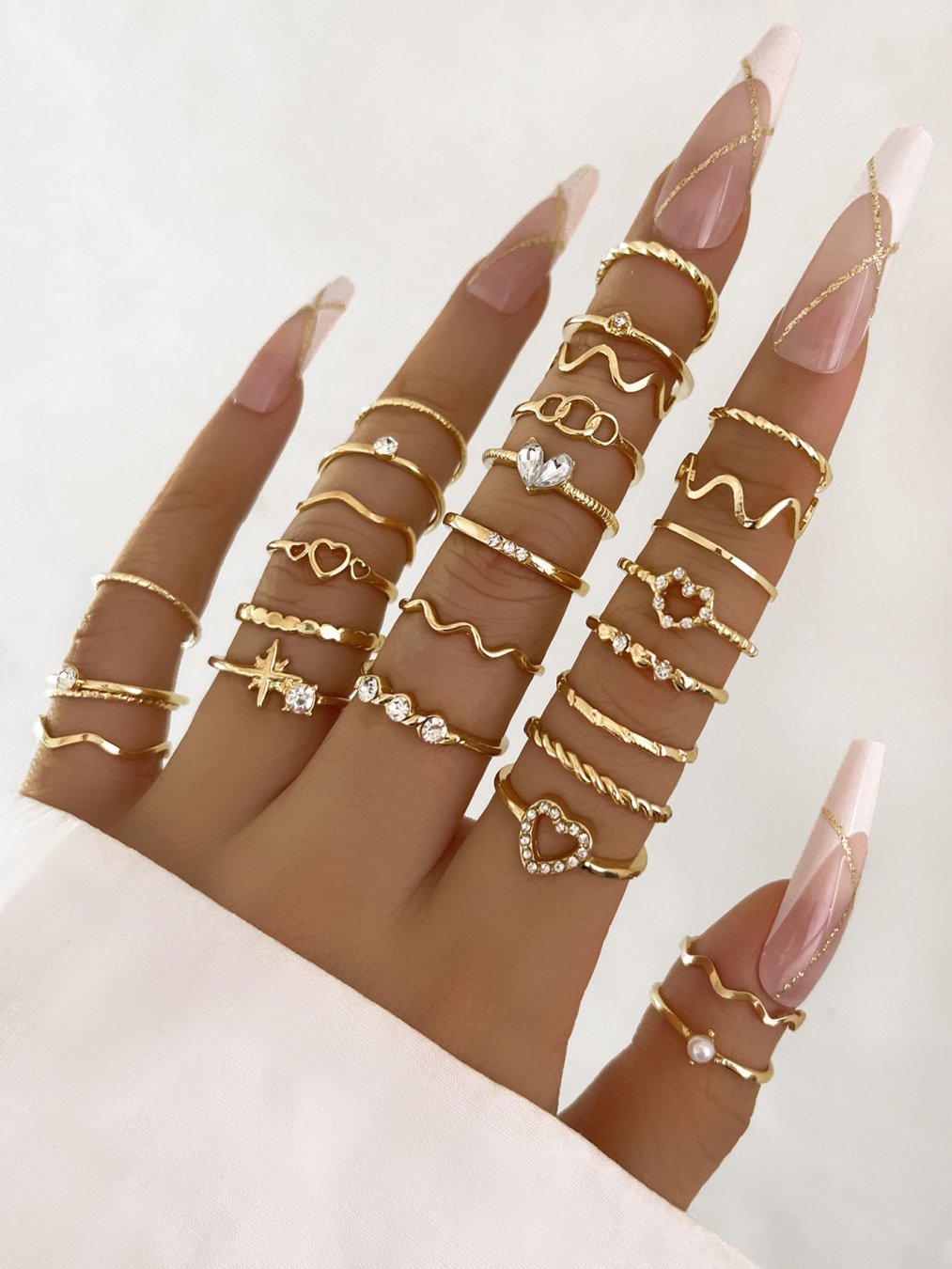 🛒28 Peças/Conjunto Fashionable Conjunto De Anéis Com Em Forma De Coração Desenho , Geométrico Estilo E Boho Elemento Acento 2.1k+ vendido