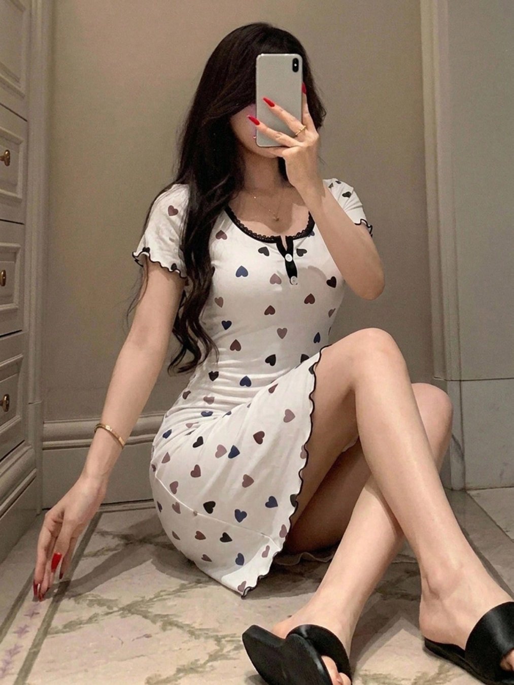 🛒DAZY Vestido Curto Feminino de Manga Curta com Renda em Formato de Coração 