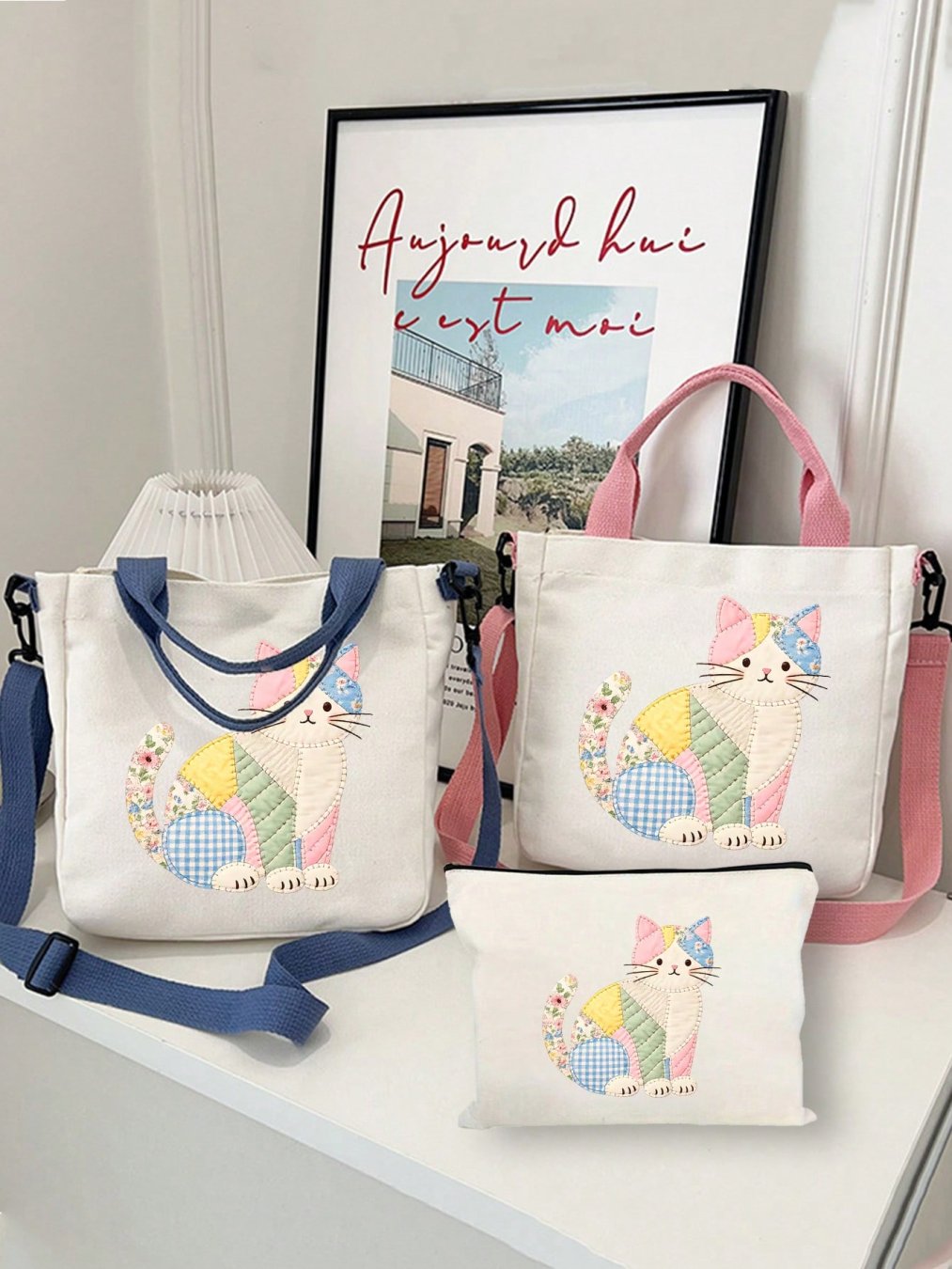 🛒Bolsa Feminina com Estampa Floral de Gato em Patchwork, Bolsa de Ombro Multifuncional de Grande Capacidade, Bolsa Tote Feminina, Bolsa de Ombro Multifuncional de Grande Capacidade, Bolsa Transversal, Alça Larga Destacável e Ajustável, Bolsa Leve e Duráve